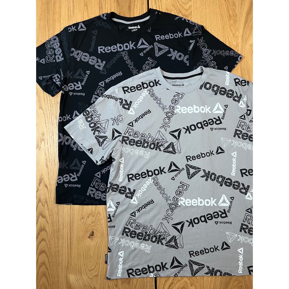 Reebok T-Shirt Lot Mens Large Grey Black All Over Logo Print Athletic Streetwear